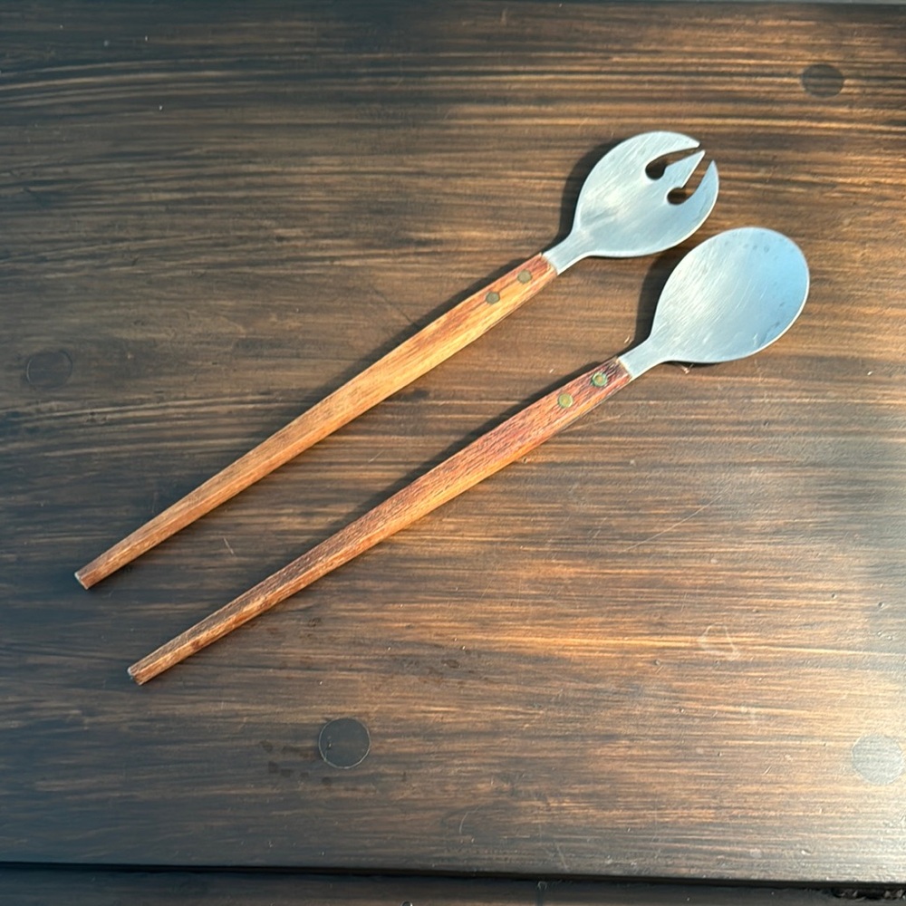 Vintage Oneida Wooden and Metal Salad Servers